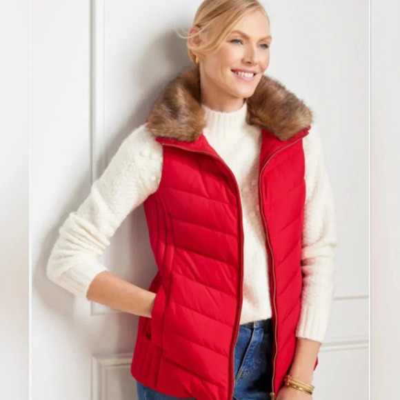 Talbots Red quilted Puffer vest 1x Faux fur collar Nwot - Picture 5 of 13